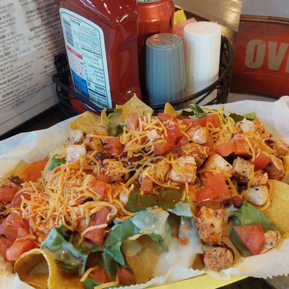 Loaded nachos topped with grilled chicken, melted cheese, tomatoes, peppers, lettuce, and sauces at an Overtime restaurant.