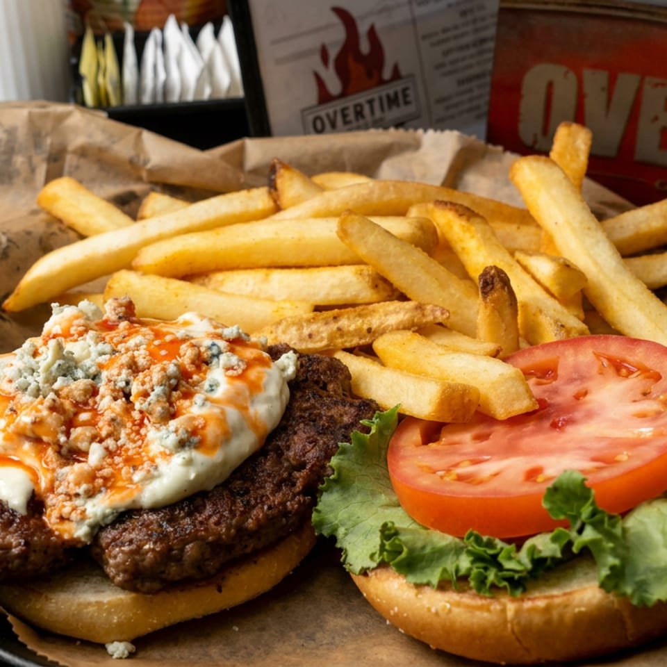 Juicy double cheeseburger topped with blue cheese and hot sauce, served with fries, lettuce, and tomato on a diner counter.