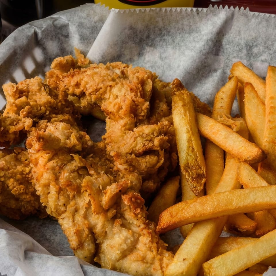 Basket of crispy fried chicken tenders and golden French fries on parchment paper, with a beverage container in the background.