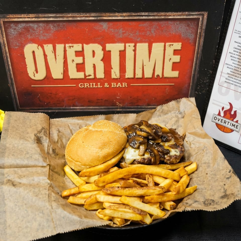 Mushroom cheeseburger with fries served on parchment at Overtime Grill & Bar, beside a menu and condiment station.
