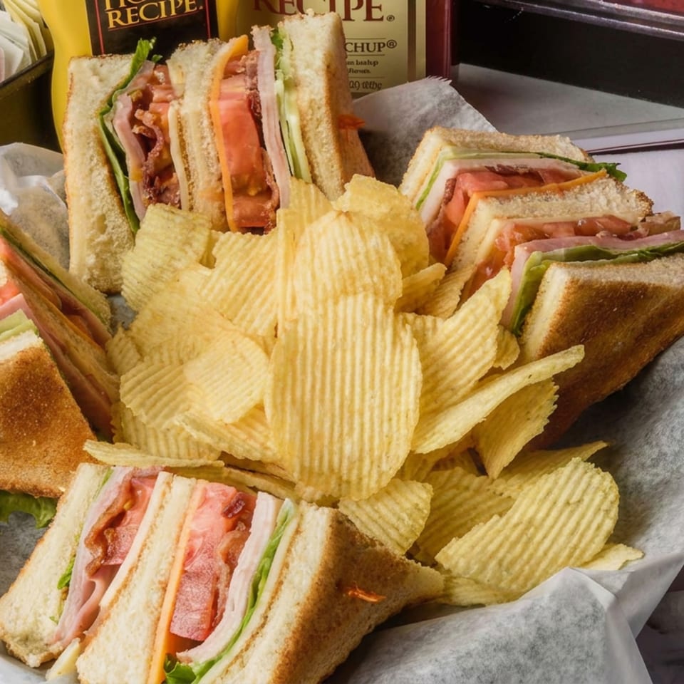 Club sandwiches with tomatoes, lettuce, and bacon surround a pile of ridged potato chips on a restaurant platter.