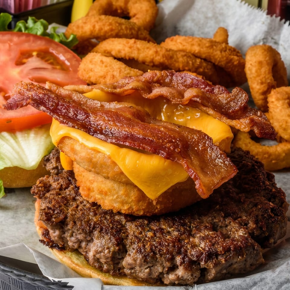 Double cheeseburger topped with bacon and fried onion rings, served with lettuce, tomato, pickles, and additional onion rings.
