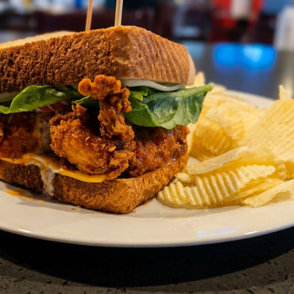 Crispy fried chicken sandwich with lettuce and cheese on toasted bread, served with ridged potato chips on a white plate.