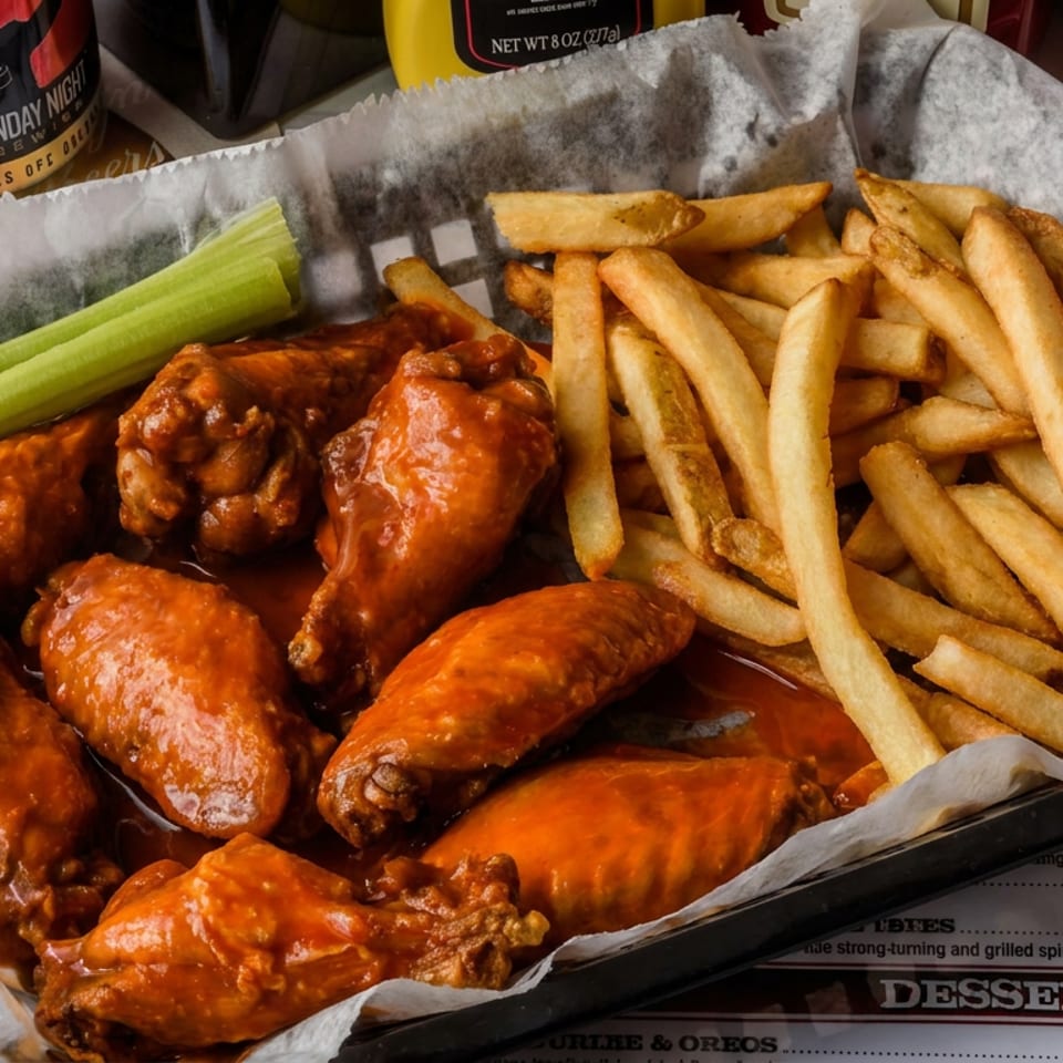 Basket of saucy chicken wings, golden French fries, and celery sticks served on a paper-lined tray.