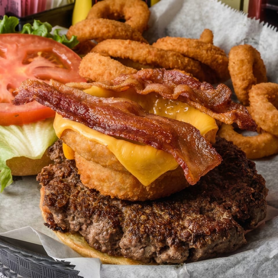 Bacon cheeseburger with lettuce and tomato, served alongside fried onion rings on a paper-lined tray.