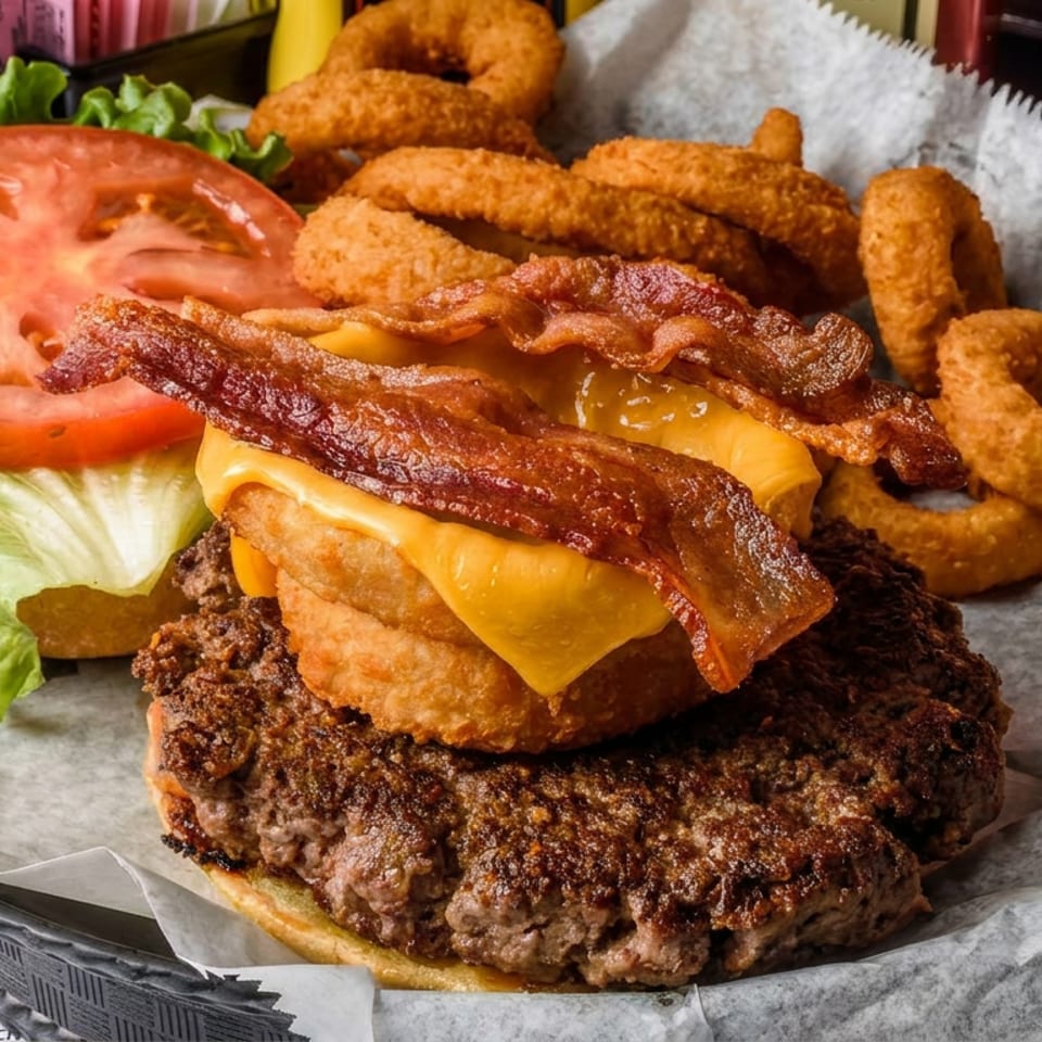 Bacon cheeseburger topped with lettuce and tomato, served with crispy onion rings on a paper-lined tray.